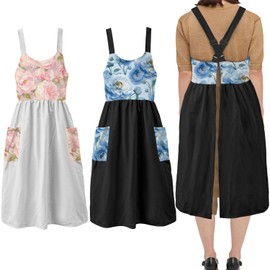 Women Cotton Linen Pinafore Dress Cute Floral Apron Adjustable Cross Back Vintage Maid Aprons with Pockets (2Pack Black+White)