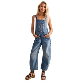 Ladyful Women's Denim Overall Casual Straight Wide Leg Bib Jeans Overall Adjustable Straps Denim Romper Stretch Jumpsuits