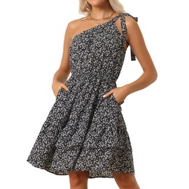 Allegra K Women's Floral Smocked Dress One Shoulder Mini Sundress Ruffle Swing Flowy Beach Dress X-Small Black