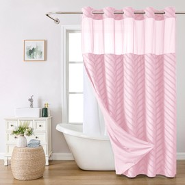 eachope - Cortina de ducha bohemia sin gancho con forro de tela a presión, 71 x 74 pulgadas, cortinas de ducha de tela de grado hotelero a rayas de Chevron rosa para baño con ventana, repelente al
