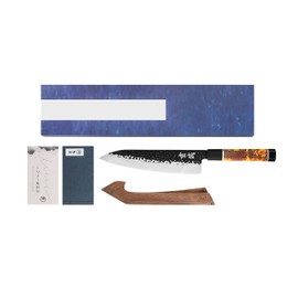 Concord Genbu Traditional Japanese Chef's Knife Raw Hammered Double Beveled 9CR18MOV Blade w/ 60 HRC. Tortoise Shell Resin Handle. Comes with Magnetic Magnolia Wood Sheath with Stand. (8" Gyuto)