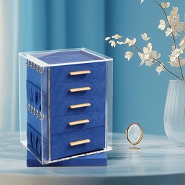 KAMIER Jewelry Box, 360° Rotating Jewelry Organizer with 5 Drawers,Large Jewelry Storage,Clear Window,Golden Handle,Vertical Jewelry Holder for Earrings Necklace,Gift for Women, Blue