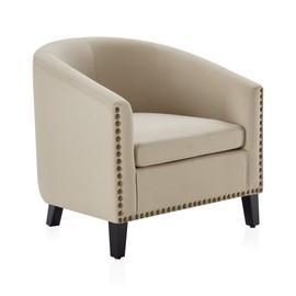 BELLEZE Modern Tub Barrel Accent Chair Upholstered Linen with Nail Head, Beige