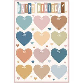 FYSUIMU Boho Color Classroom Birthday Chart Poster Colorful Heart Happy Birthday Chart Calendars Back to School Supplies for Teacher Elementary Kindergarten Chalkboard Wall Decor, 11 x 16.5 Inch