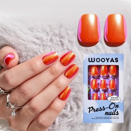 Press On Nails Short Square - Wooyas Metallic Orange Chrome Fake Nails,Supremely Fit & Natural Short Nail, Reusable Glue On Nails with Mini Nail File, Glue, 12 Sizes Handmade False Nail Kit