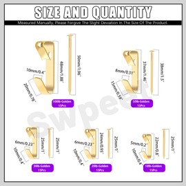 Swpeet 75Pcs 5 Sizes 10lb/20lb/30lb/50lb/100lb Golden Picture Hangers with Nails Assortment Kit, Metal Picture Hanging Hooks, Heavy Duty Frame Picture Hooks, Picture Hanging Hardware for Drywall