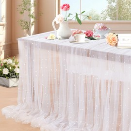 LuoluoHouse White Pearl Table Cloth: 10 Pieces Tulle Lace Fabric for Bridal Shower Wedding Arch Veil Lace Table Runner Decor 60x120 Inch