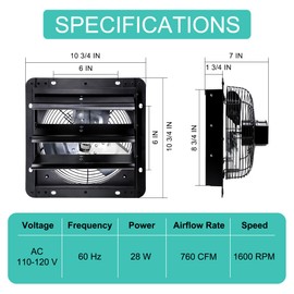 Hipoilk 7 Inch Wall Mounted Shutter Exhaust Fan with Thermostat and Speed Controller for Attic, Greenhouse, Shed, Garage, Chicken Coop, Shop, Barn Ventilation, 760 CFM Louvered Vent Fan, Black