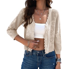 Kate Kasin Women's Bolero Short Cardigan 3/4 Sleeve Cardigan Elegant Jacket Knitted V-Neck with Button, beige, XL