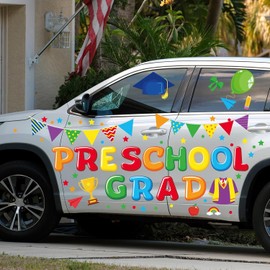 113 Pcs Preschool Graduation Car Decorations Class of 2025 Preschool Automotive Decal Decor Graduation Cap Rainbow Cartoon Sticker Removable Window Cling for Car Pre K Congrats Grad Parade Party Favor