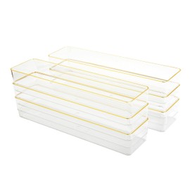 Martha Stewart Kerry Plastic Stackable Office Desk Drawer Organizers, 12" x 3", 6 Pack, with Gold Trim