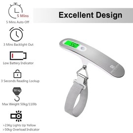 ROTOPATA Digital Luggage Travel Scale with Overweight Warning Function, Portable Handheld Electronic Weighing Scale with Hook, 50kg and Backlit LCD Display Screen Design for Suitcase Baggage