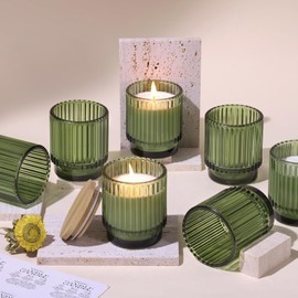 DEVI 7oz Empty Green Ribbed Glass Candle Jars for Making Candles Set of 8,Glass Candle Jars with Bamboo Lids, Bulk Empty Candle Containers, Candle Tins Making Supplies for Gifts,Wedding Decorations