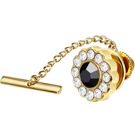 Mens Black Crystal Tie Tack with Chain Gold Tone Tie Pin for Men Boys Wedding Birthday Anniversary Party