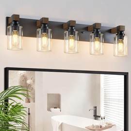 Farmhouse Bathroom Vanity Light Fixtures, Rustic 5-Light Wood Vanity Lights for Bathroom, Vintage Black Wall Sconces Lighting, Light fixtures Over Mirror, with Glass Shade