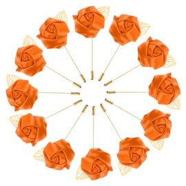 M METERXITY 12-Pack Flower Lapel Pins for Men, Golden Leaf Rose Boutonnieres Pin for Wedding/Dance/Party, Mens Lapel Pins for Suits Satin Flower Corsage Hat Pins [Orange]