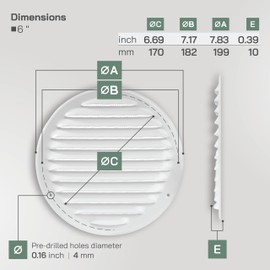 Vent Systems 6" Soffit Vent Cover - Pack of 5 - White - Round Air Vent Louver - Grill Cover - Built-in Mesh Screen - HVAC Vents for Bathroom, Home Office, Kitchen - Indoor, Outdoor use Duct Cover