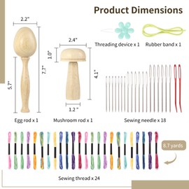 50 PCS Darning Egg Darning Mushroom Set for Socks Wooden Darning Egg and Mushroom Kit Sewing Tool Repair Darning Supplies Kit with Large Eye Blunt Needles, 12 Color Sewing Threads