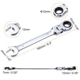 HARFINGTON Flex-Head Ratcheting Wrench 12mm 180° Rotating Head Metric Ratchet Combination Wrenches 72-Teeth Chrome Vanadium Steel Open End Ratchet for Fasteners Nut Bolt