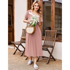 Ekouaer Women's Nightgowns Floral Print Night Gown Ladies Long Nightdress Victorian Sleep Shirt Pink