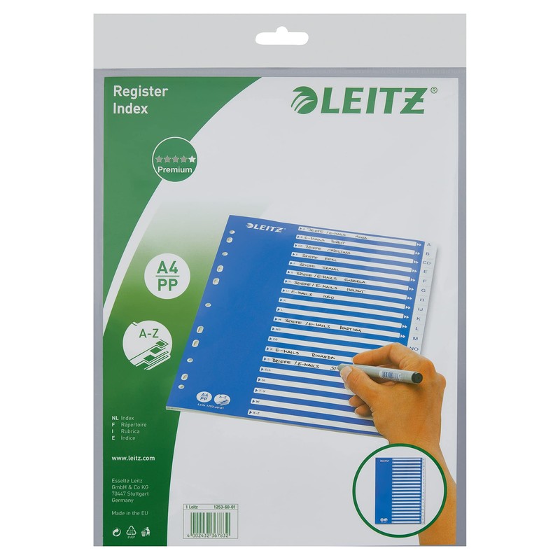 Leitz A4 A-Z Index, Heavy Duty Plastic and Cardboard, Blue/White