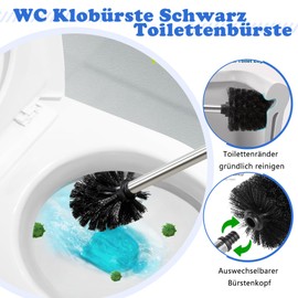 Set of 4 Toilet Brush Black Toilet Brush with 2 Brushes with Stainless Steel Handle, Toilet Brush Replacement Toilet Brushes in Elegant and Elegant Design, Removable Brush Heads