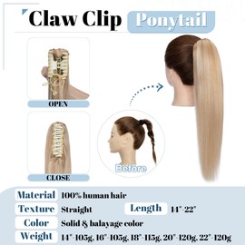 18 inches SEGO Ponytail Extension Human Hair Claw on [#18P613 Ash Blonde&Bleach Blonde] Clip in Remy Real One Piece Hair Piece for Women Straight Natural (115g)