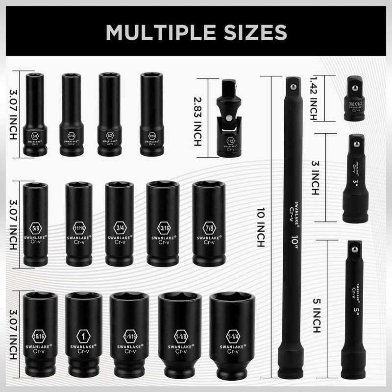 SWANLAKE 19-Piece 1/2" Impact Socket Set, 6 Point Impact Set,
