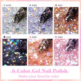 Shining She Semi-Permanent Glitter Nail Polish, 6 Colors Glitter Gel Nail Polish Semi-Permanent Nail Polish Soak-Off UV Nail Polish for Beginners Nail Art DIY, 8ml