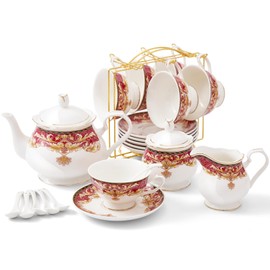 DUJUST 22 pcs Royal Vintage Porcelain Tea Set for 6, Luxury British Tea Sets for Adults with Red Patterns & Golden Trim, Beautiful Floral Tea/Coffee Cup Set, Gift Package - Royal Treat for You