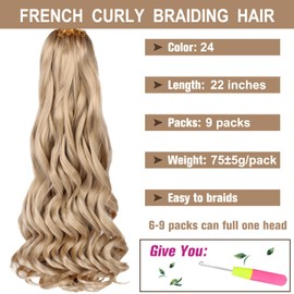 COOKOO 9 PCS 75g/pack Pre Stretched French Curl Braiding Hair Extensions 22 Inch French Curl Hair for Goddess Box Braids Pre-curled Loose Wave Braiding Hair with Curly Ends for Black Women 24#