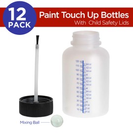 TCP Global Paint Touch-Up Bottles with Child Safety Lids (Box of 12) - 4.5 Ounce (140ml) Fluid Capacity, Mixing Ball, Touch-Up Applicator Brush - Fix Auto Paint Chips, Scratches, Stone Chips, Storage