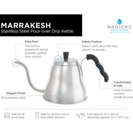 GROSCHE - Marrakesh Gooseneck Kettle Stovetop - 34 oz Stainless Steel Pour Over Coffee & Tea Kettle - Gooseneck Design for Precise Pouring, Integrated Thermometer for Optimal Brewing Temperature