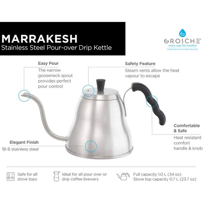 GROSCHE - Marrakesh Gooseneck Kettle Stovetop - 34 oz Stainless