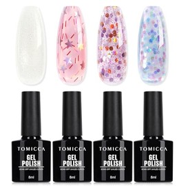 TOMICCA UV Nagellack Glitzer Set, 4 Farben Mondschein Weiß & Bunter Stern Pailletten Glitzer Gel Nagellack, UV Lampe Soak-Off UV/LED Schellack Nagellack, für Nagelstudio und DIY Maniküre zu Hause, 8ML
