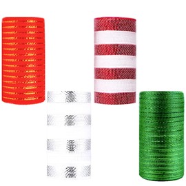 4Roll 6Inchx10Yards Christmas Deco Poly Mesh Roll,Grinch Ribbon Mesh Ribbon Christmas,Green Red White Stripe Mesh Metallic Winter Foil Decomesh Roll Christmas Deco Mesh Rolls for Wreath Making,Swag