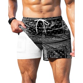 GIISAM Men's Swim Trunks, Bathing Suit 4 inch Inseam Quick Dry Swimsuit Beach Shorts with Compression Liner