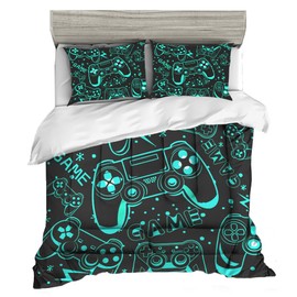 Sunnycitron Black Green Gamepad Gamer Comforter Set for Boys Gaming Bedding Set Teens Game Room Decor Full (1 Comforter + 2 Pillowcase)