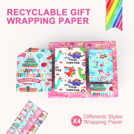 Gift Wrapping Paper, 4Pcs Birthday Wrapping Paper Sheets Recyclable Gift Wrap, 4 Different Birthday Print Design Wrapping Paper for Wedding Party Mens Girls Boys (52 X 75cm)