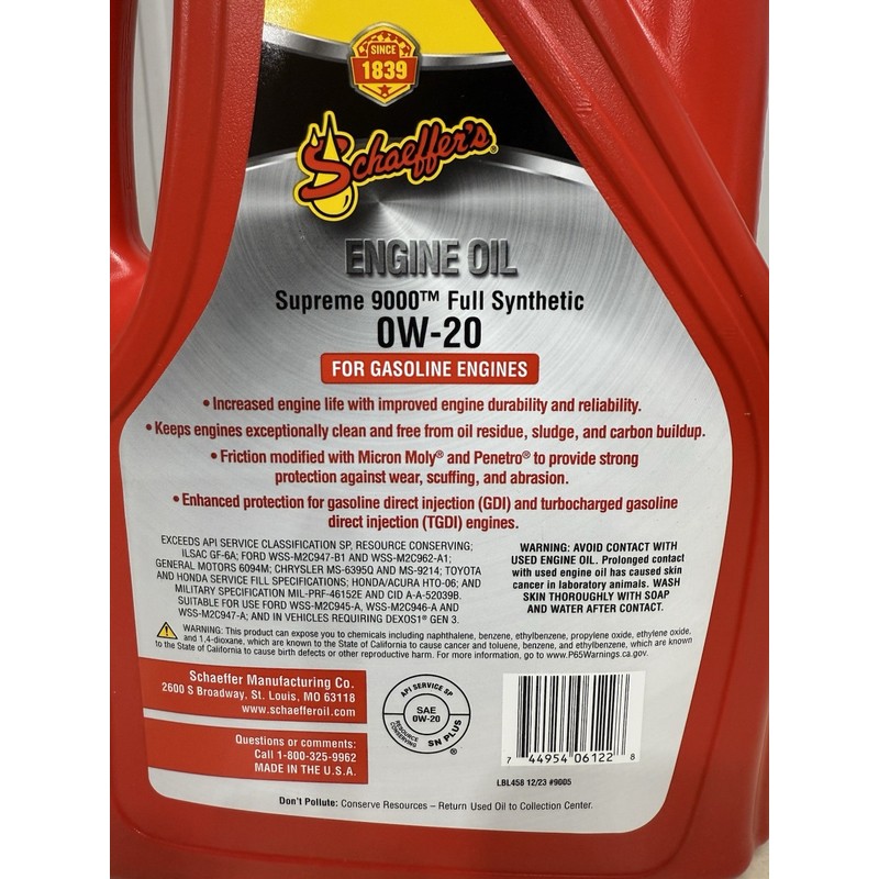 Schaeffer's Oil Supreme 9005 Full Synthetic 0W-20 Engine Oil 1