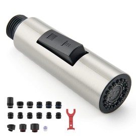 Metal Kitchen Faucet Head Replacement, 2-Mode Pull Down Kitchen Faucet Spray Head with 15 Adapters, High Pressure Sink Sprayer Nozzle Stainless Steel, Brushed Nickel