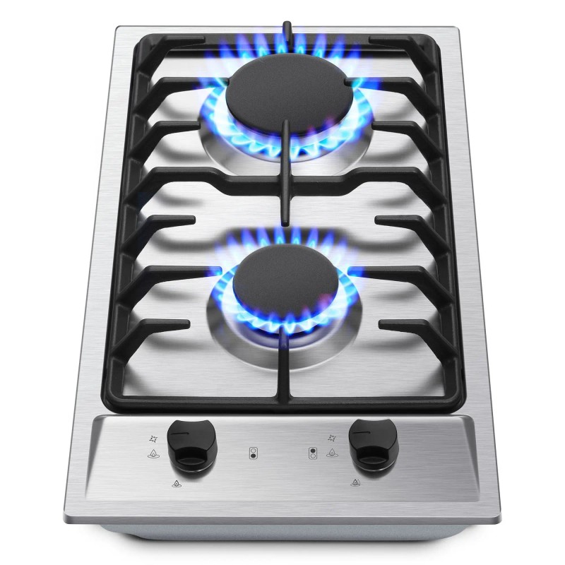 12 Inch Built-In Stainless Steel/Tempered Glass Gas Cooktop 2-Burner Propane