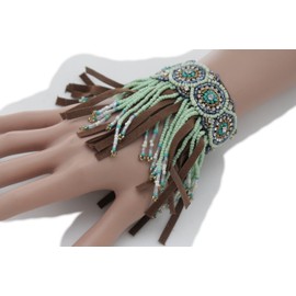 TFJ Women Bohemian Fashion Ethnic Style Brown Faux Suede Leather Bracelet Fringes Beads Jewelry