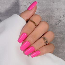 KQueenest Hot Pink Press On Nails Long Square - Summer Press On Nails Medium Coffin, Sheer Bright Neon Pink Fake Nails with Glue, Vibrant Glossy, Reusable Soft Gel Glue on Nails for Women, 24 Pcs