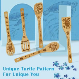 Wimabuden Sea Turtle Gift Bamboo Wooden Spoons for Cooking with Wooden Holder Ocean Beach 6-Piece Coastal Kitchen Utensil Set for Home Decor for Housewarming Wedding Gift for Women Men(Sea Turtle)