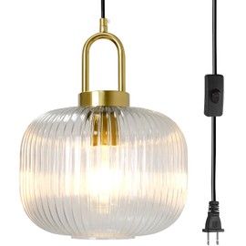 Soutas Clear Glass Hanging Light with Plug in Cord, Mid Century Pendant Light Fixtures Striped Glass Globe Shade Gold Kitchen Island Lighting Plug in Hanging Lamp for Dining Room Bedroom