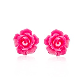Romantic Delicate Floral 3D carved Pink Rose Flower Stud Earrings For Women Teen For Mother Silver Plated