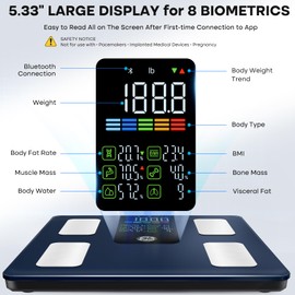 GE Smart Scale for Body Weight, BMI, Fat, Muscle Mass, Digital Bathroom Scales 500lbs Bluetooth 11.8" Large Platform Weighing Machine Health Monitor with App, Dark Blue