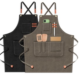 2 Pack de delantales de cocina para mujeres y hombres, delantales ajustables con peto y bolsillos, delantales de cocina unisex para asar a la parrilla, hornear, pintar y crear estilo (Negro + Gris)