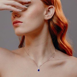 FANCIME 14 Carat Solid White Gold Teardrop Necklace, Sapphire Pendant with 925 Sterling Silver Chain, Birthstone Necklace Fine Jewellery Birthday Gift for Women, 16" + 2" Extender